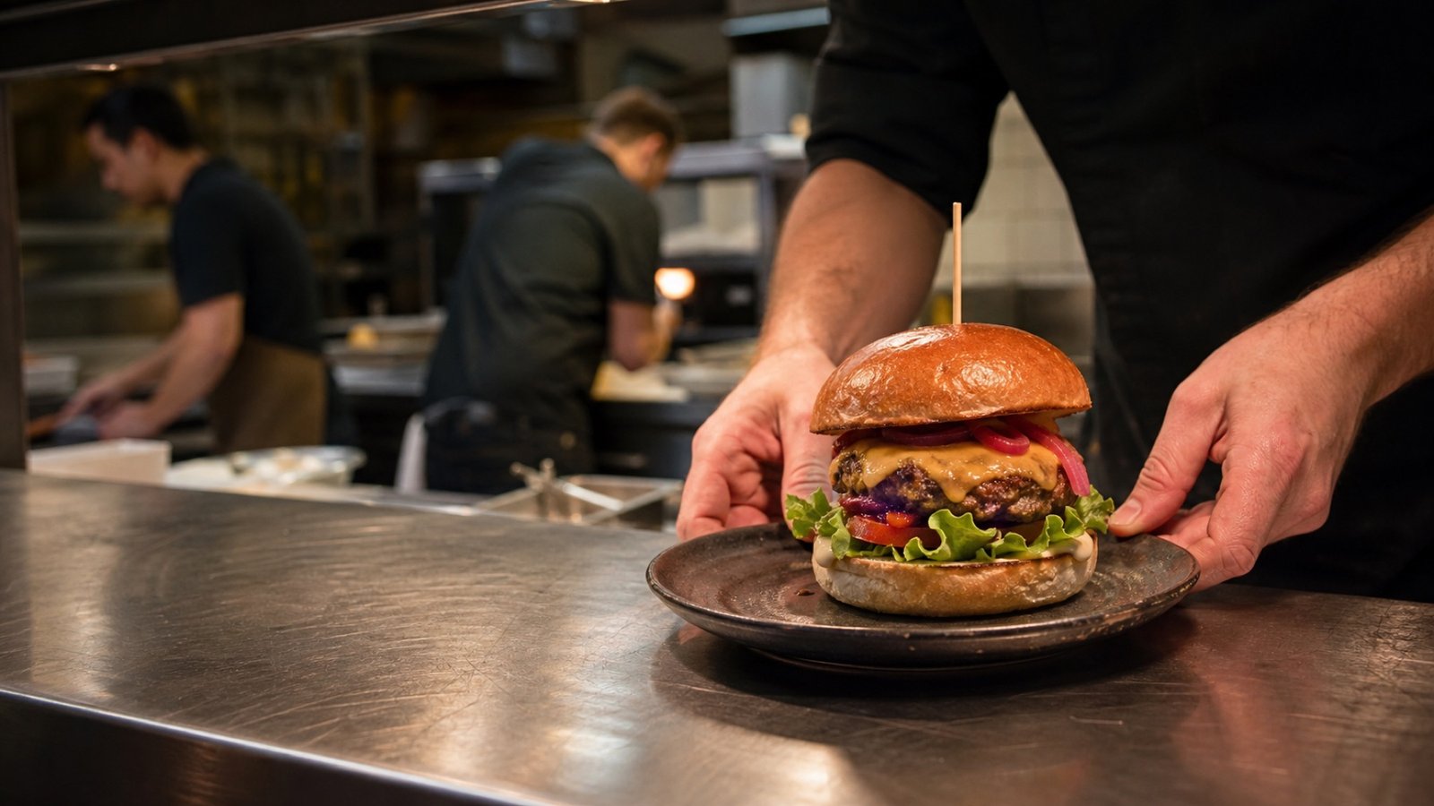 Koch serviert einen frisch zubereiteten Beef Burger am Restaurantpass
