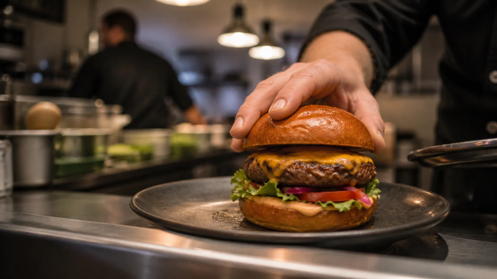 Koch vollendet einen Premium Beef Burger am Restaurantpass