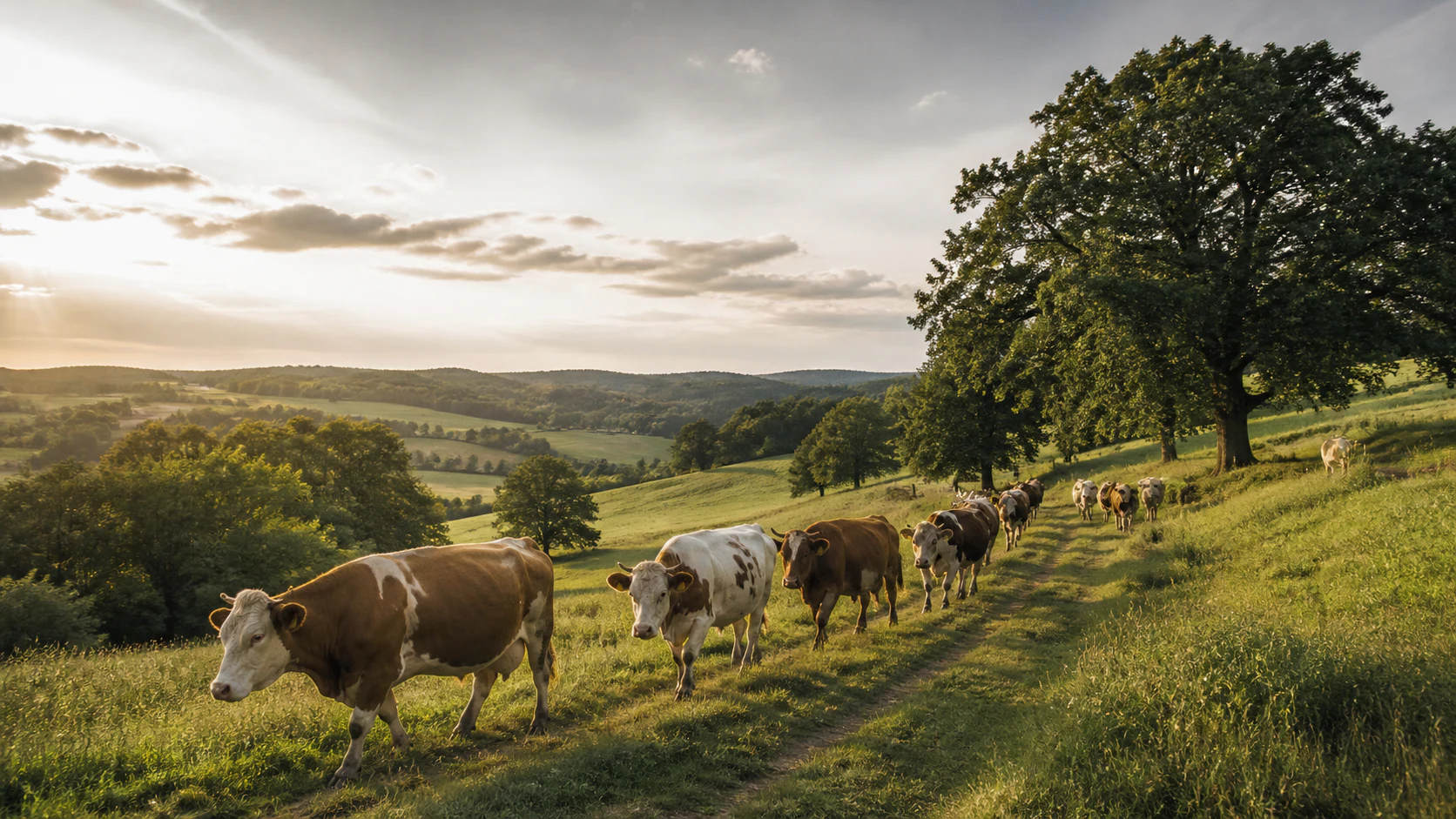 Rinder auf einer weitläufigen grünen Weide im Abendlicht